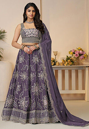 Embroidered Satin Lehenga in Purple