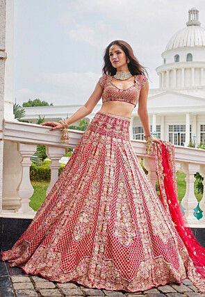 Embroidered Satin Lehenga in Red