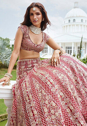 Embroidered Satin Lehenga in Red