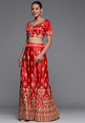 Embroidered Satin Lehenga in Red