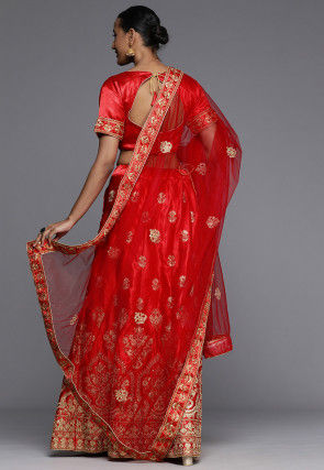 Embroidered Satin Lehenga in Red