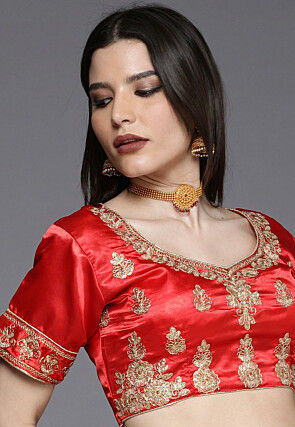 Embroidered Satin Lehenga in Red