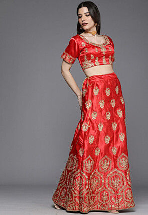 Embroidered Satin Lehenga in Red