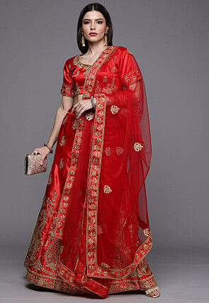 Embroidered Satin Lehenga in Red