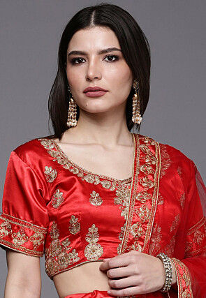 Embroidered Satin Lehenga in Red