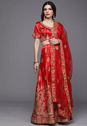 Embroidered Satin Lehenga in Red