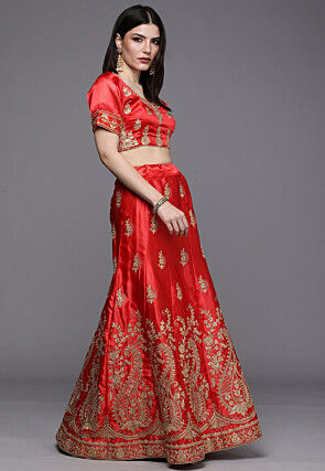 Embroidered Satin Lehenga in Red