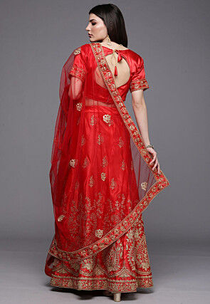 Embroidered Satin Lehenga in Red