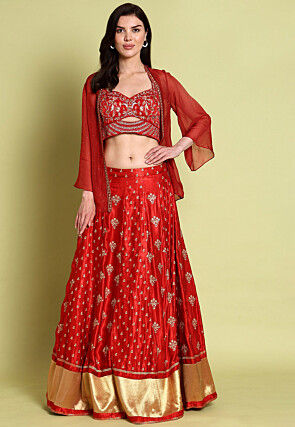 Embroidered Satin Lehenga in Red