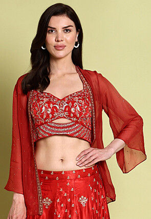 Embroidered Satin Lehenga in Red