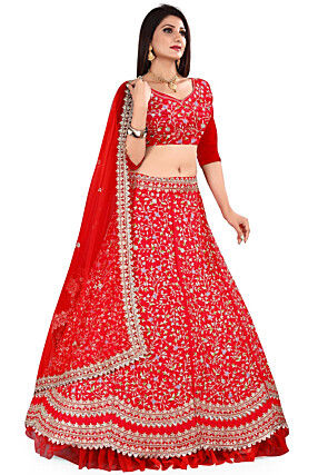 Embroidered Satin Lehenga in Red
