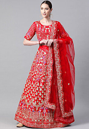 Embroidered Satin Lehenga in Red