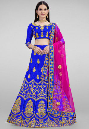 Embroidered Satin Lehenga in Royal Blue