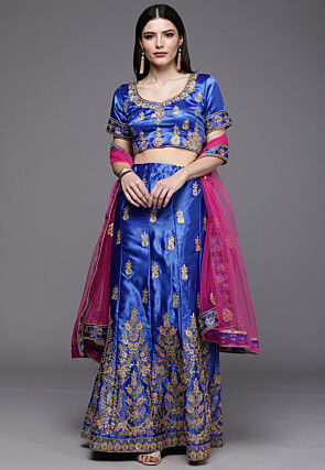 Embroidered Satin Lehenga in Royal Blue