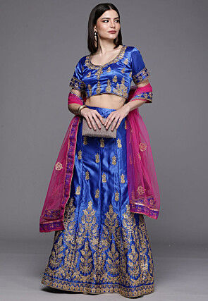 Embroidered Satin Lehenga in Royal Blue