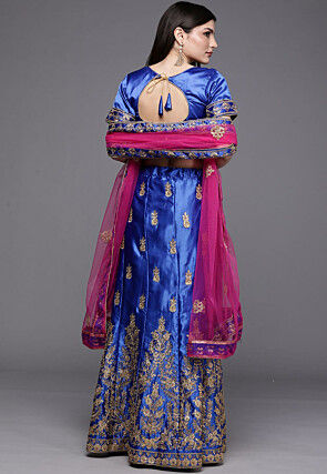 Embroidered Satin Lehenga in Royal Blue