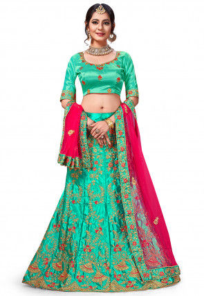 Embroidered Satin Lehenga in Teal Blue