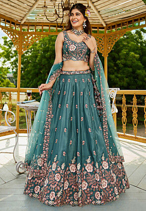Embroidered Satin Lehenga in Teal Blue