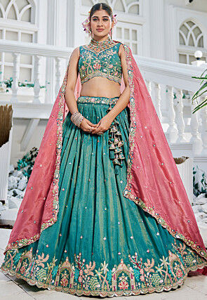 Embroidered Satin Lehenga in Teal Blue