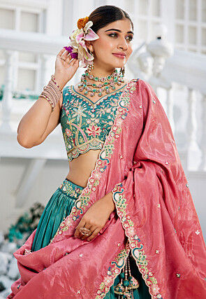 Embroidered Satin Lehenga in Teal Blue