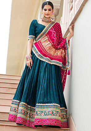 Embroidered Satin Lehenga in Teal Blue