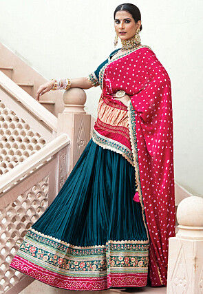 Embroidered Satin Lehenga in Teal Blue