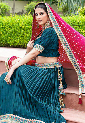 Embroidered Satin Lehenga in Teal Blue
