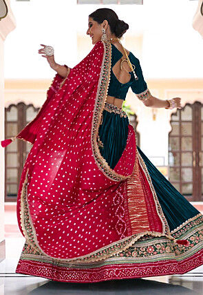 Embroidered Satin Lehenga in Teal Blue