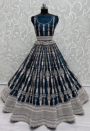Embroidered Satin Lehenga in Teal Blue