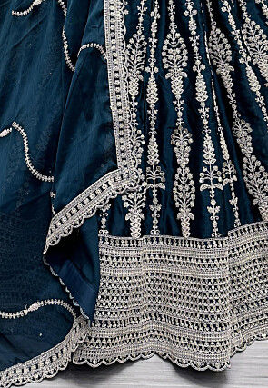 Embroidered Satin Lehenga in Teal Blue