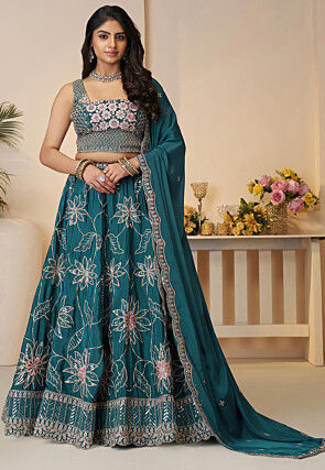 Embroidered Satin Lehenga in Teal Blue