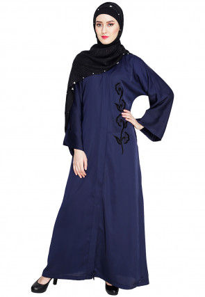 Embroidered Satin Nida Dubai Style Abaya in Dark Blue