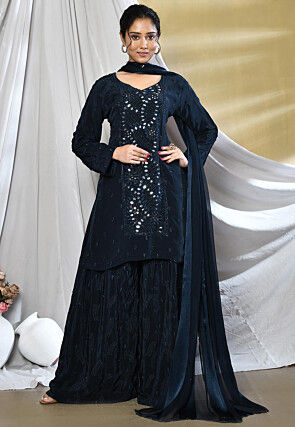 Embroidered Satin Pakistani Suit Dark Blue