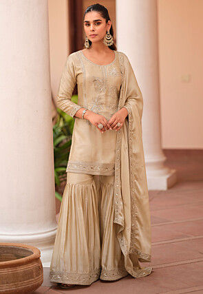 Embroidered Satin Pakistani Suit in Beige