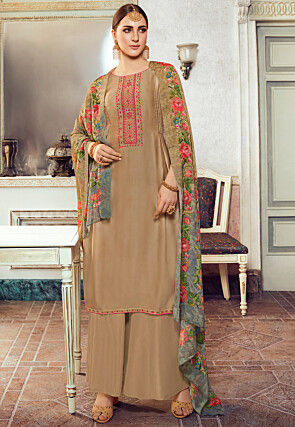 Embroidered Satin Pakistani Suit in Beige