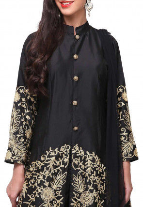 Embroidered Satin Pakistani Suit in Black
