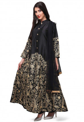 Embroidered Satin Pakistani Suit in Black