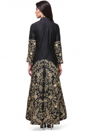 Embroidered Satin Pakistani Suit in Black