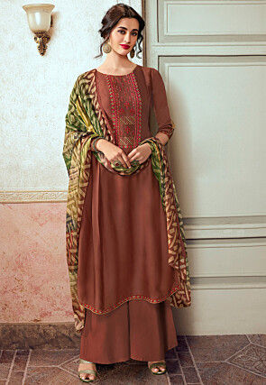 Embroidered Satin Pakistani Suit in Brown