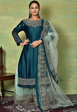 Embroidered Satin Pakistani Suit in Dark Teal Blue