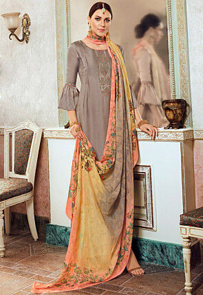 Embroidered Satin Pakistani Suit in Fawn