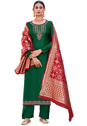 Embroidered Satin Pakistani Suit in Green