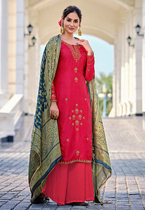 Embroidered Satin Pakistani Suit in Coral Red