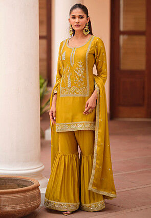 Embroidered Satin Pakistani Suit in Mustard