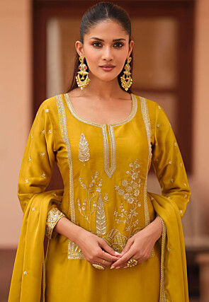 Embroidered Satin Pakistani Suit in Mustard