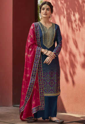 Embroidered Satin Pakistani Suit in Navy Blue
