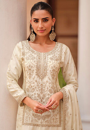 Embroidered Satin Pakistani Suit in Off White