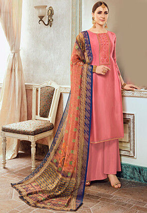 Embroidered Satin Pakistani Suit in Peach