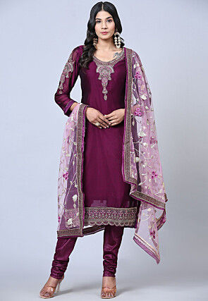 Embroidered Satin Pakistani Suit in Purple