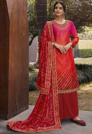 Embroidered Satin Pakistani Suit in Red and Pink